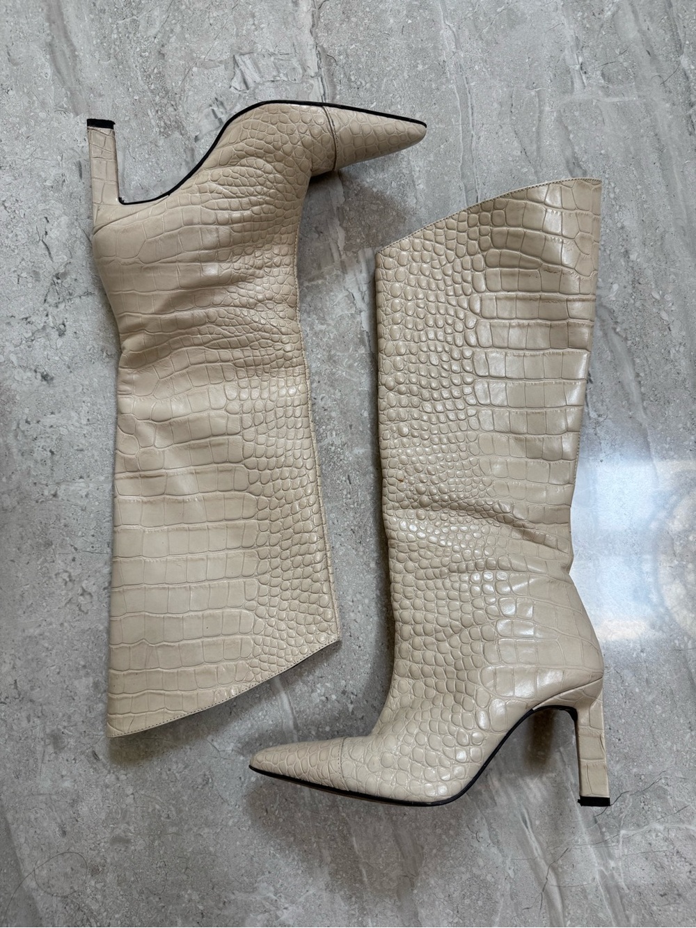 Women's Beige Croc-Embossed Pointed-Toe Mid-Calf Boots